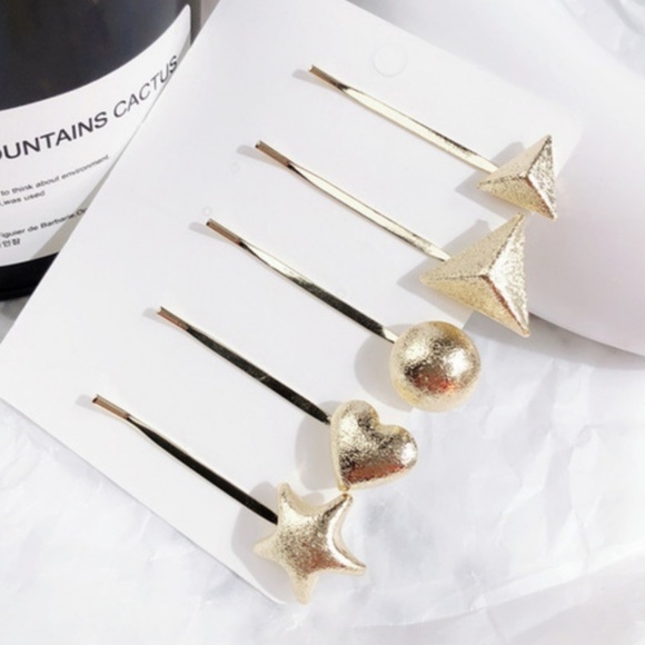 Holiday Gold Hair Clips Geometric Star Hearts Gold Shimmer Hair Clips Set of 5! - Picture 5 of 7